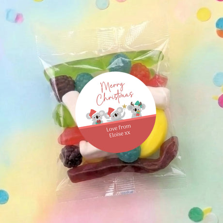 Personalised Christmas party mix lolly bag with clear wrap and round koala label