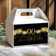 Personalised gable favour box with gold stars, 90, and 'Kevin's 90th Birthday'.