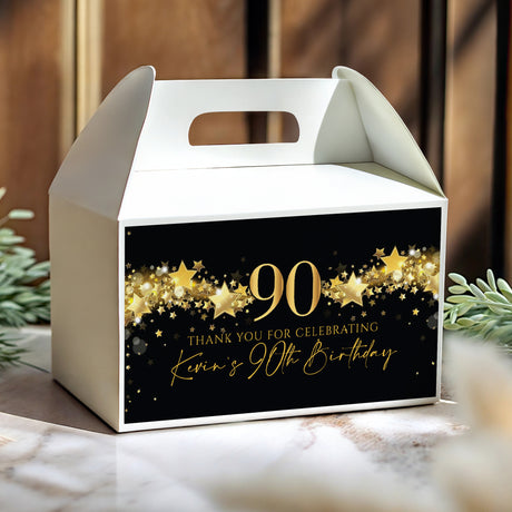 Personalised 90th birthday gable favour box, black with gold stars and 'Kevin 90th Birthday'