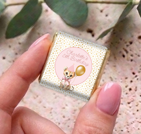 Mini chocolate packet with pink “5th Birthday” label and bunny illustration