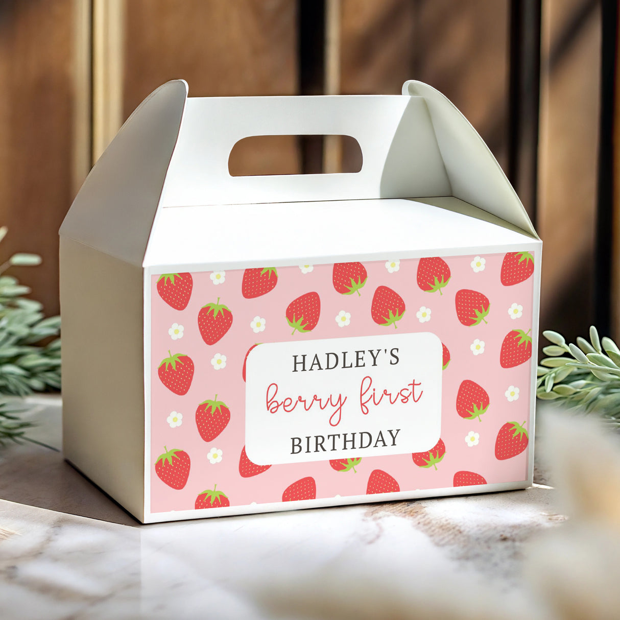 Personalised gable favour box with strawberry pattern and birthday label