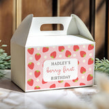 Personalised gable favour box with strawberry pattern and birthday label