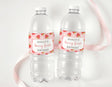 Strawberry first birthday bottle labels, pink fruit pattern with custom name