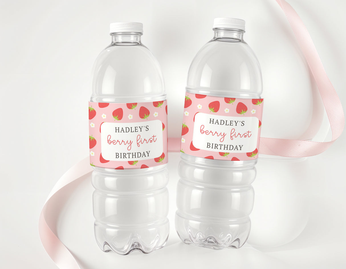 Strawberry first birthday bottle labels, pink fruit pattern with custom name