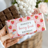 Custom chocolate bar with pink strawberry wrapper, Hadley's Berry First Birthday label