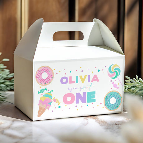 White gable favour box with handle cutout, colourful Olivia is one graphics
