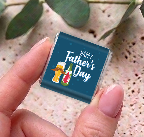 Mini chocolate bar with blue wrapper, 'Happy Father's Day' text and beer mug graphic.