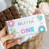 Birthday chocolate bar with white wrapper, OLIVIA ONE, pastel sprinkles design