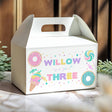 Personalised gable favour box, white with handle cut-out and Willow Three print