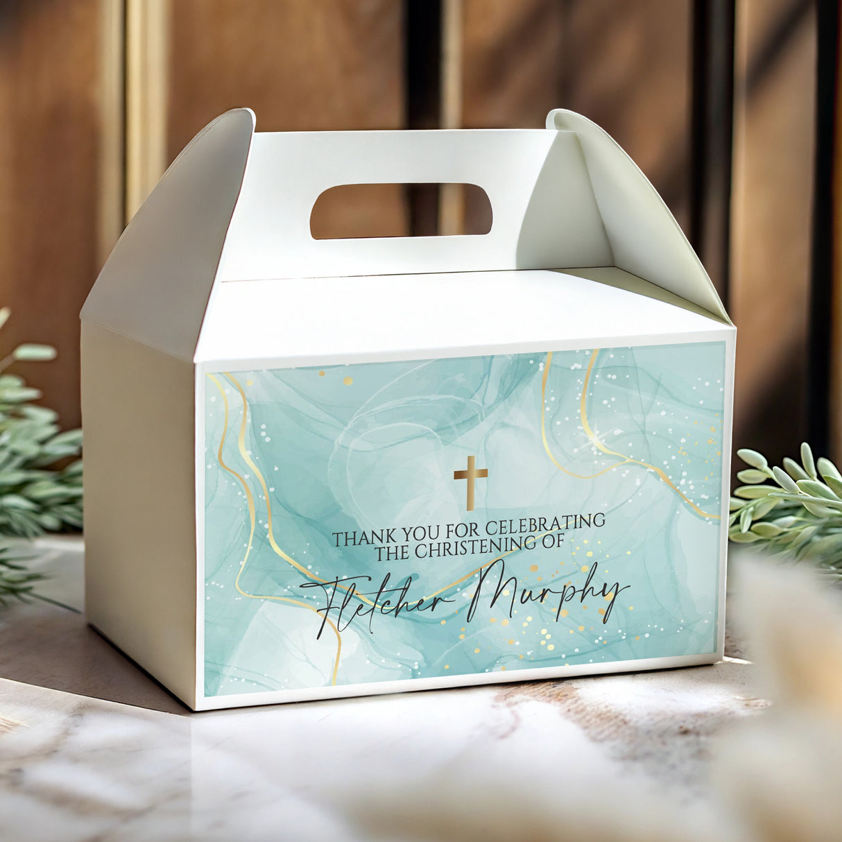 Teal marble christening favour box with white lid, cross and thank-you message