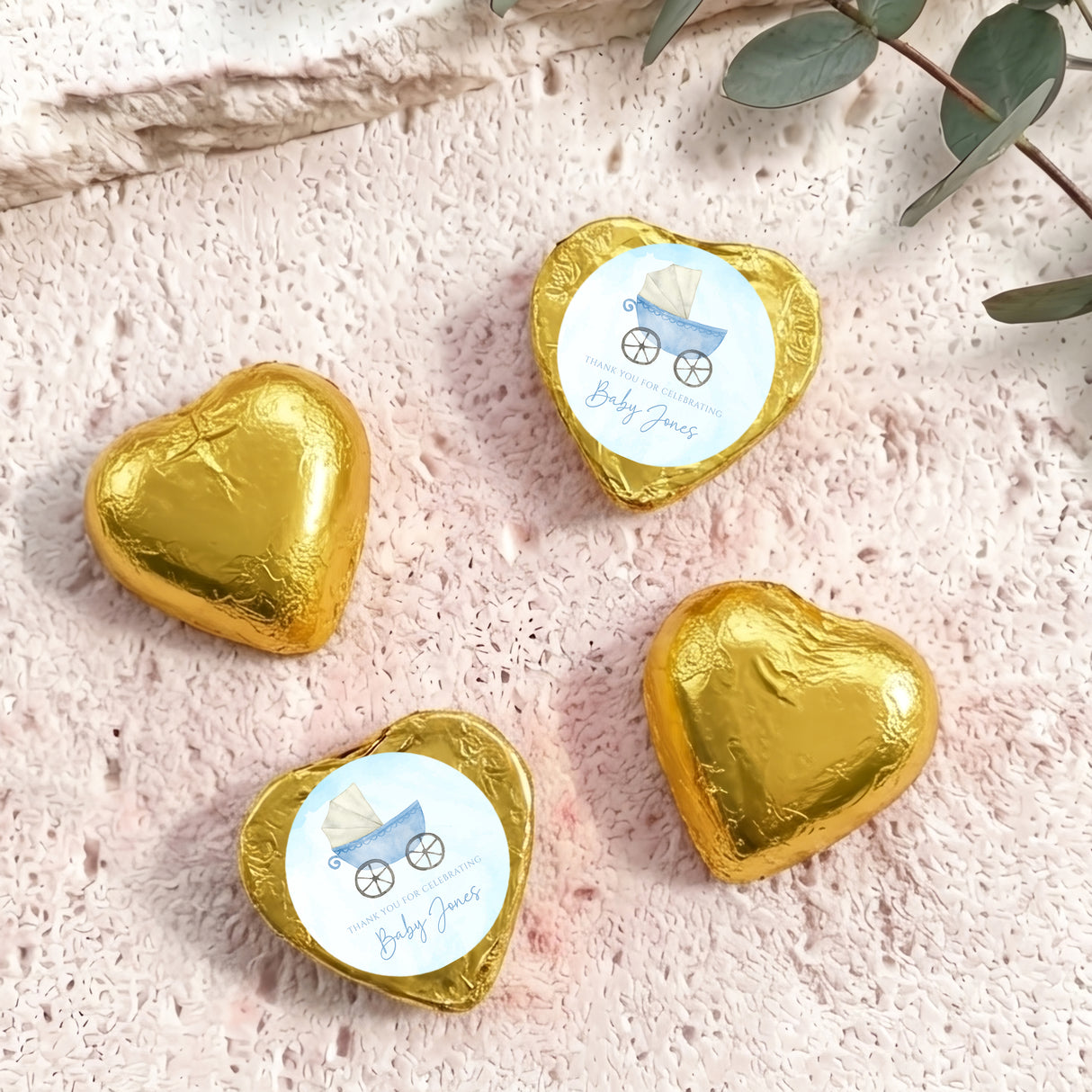Blue Baby Carriage Baby Shower Personalised Foil Covered Chocolate Hearts