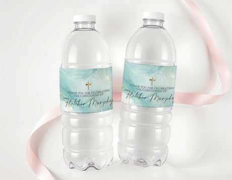 Christening bottle labels with teal marble band and cross, personalized text