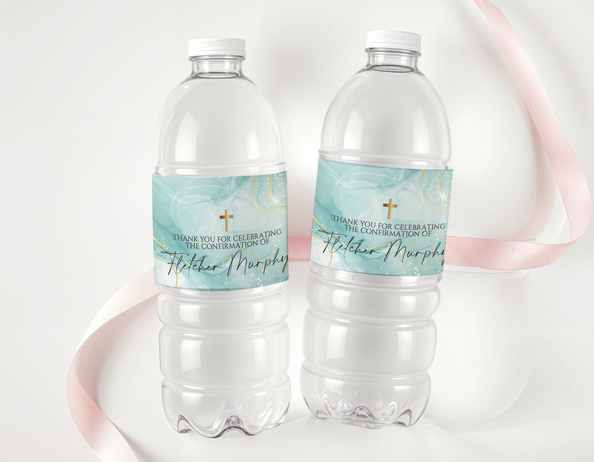 Teal marble confirmation drink bottle labels with “Thank you” and handwritten names