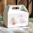 Personalised gable favour box with pink watercolor, teddy bear, cross, stars and name
