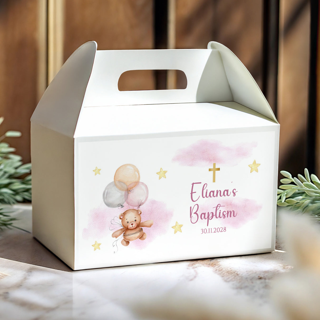 Personalised gable favour box with pink watercolor, teddy bear, cross, stars and name