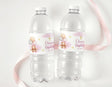 Personalised baptism water bottles with pink teddy bear labels and cross icons, set of 2