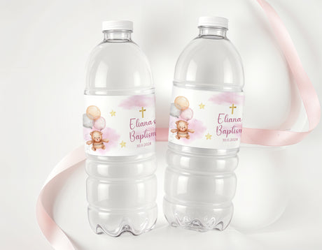 Personalised baptism water bottles with pink teddy bear labels and cross icons, set of 2