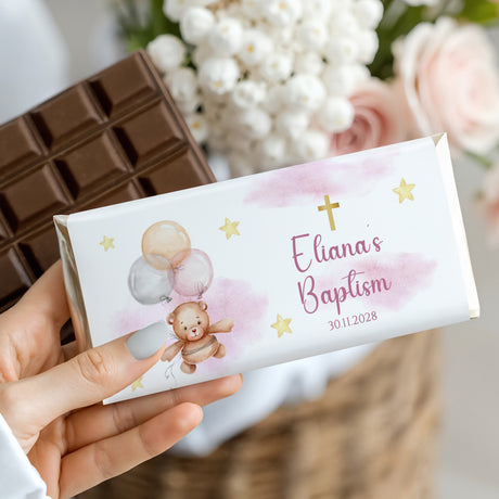 Custom baptism chocolate bar wrapper with pink watercolor, teddy bear, balloons, cross