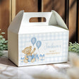 Blue gingham gable favor box with teddy bear, balloons, and name text Jackson's