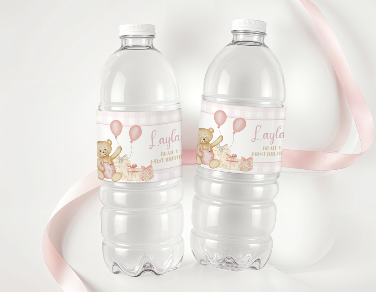 Personalised pink label water bottle set with teddy bear and balloons, two bottles