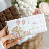 Birthday chocolate bar with teddy bear and pink balloons gift wrapper