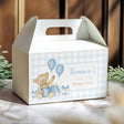 Light blue gingham gable favour box with teddy bear holding balloons and thank-you message.