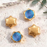 Personalised foil-covered chocolate stars in gold and blue, with gold cross and text