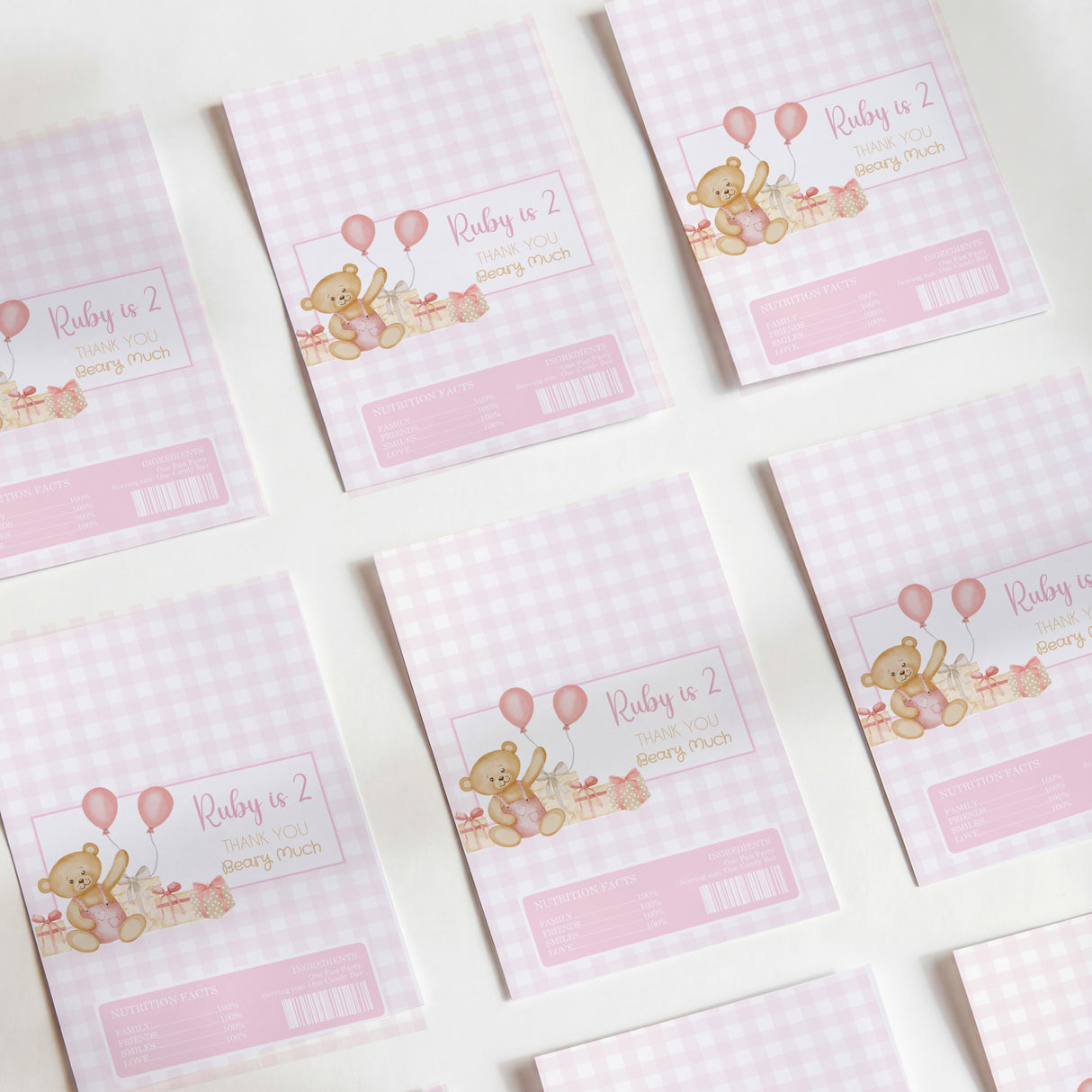 Pink gingham birthday chocolate wrapper sheets with teddy bear and balloons, name label area