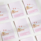 Pink gingham birthday chocolate wrapper sheets with teddy bear and balloons, name label area