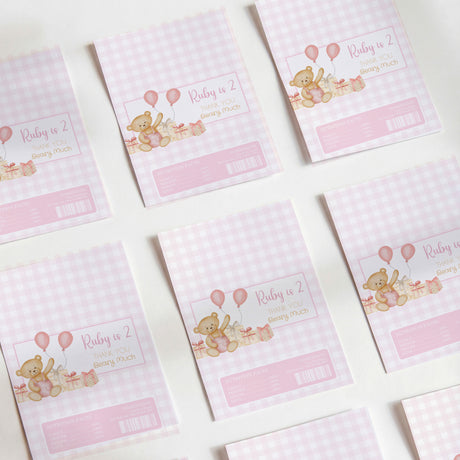 Pink gingham birthday chocolate wrapper sheets with teddy bear and balloons, name label area