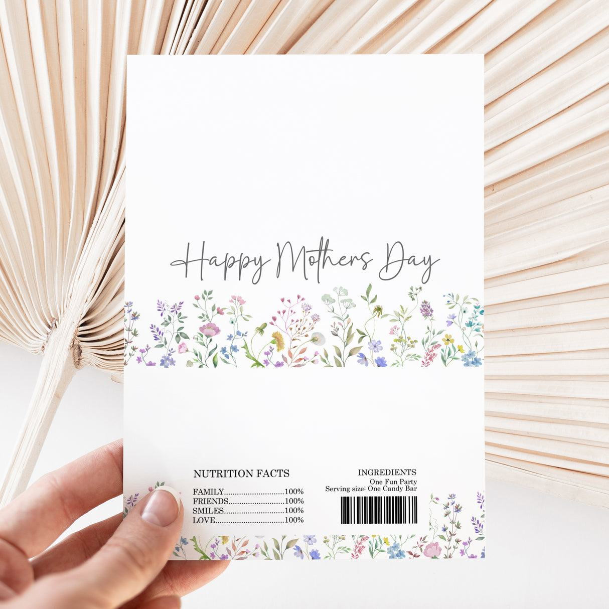 Mother's Day printed chocolate wrapper with floral border, text, and barcode