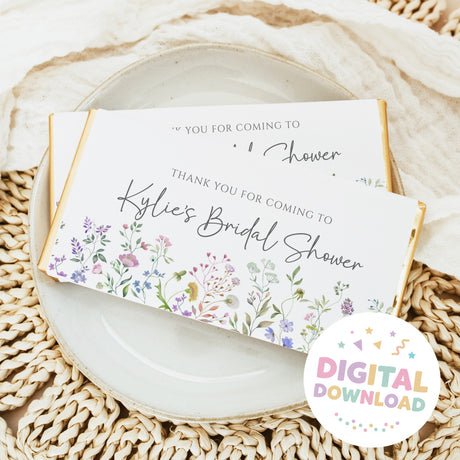 Bridal shower chocolate bar wrapper with wildflower text and floral border, digital download badge