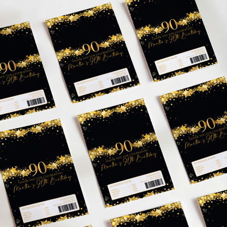 90th birthday chocolate wrappers, black with gold stars and gold "90" design