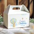 Personalised gable favour box, white with blue hot air balloon and 'Connor's Christening' date