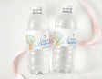 Christening water bottle labels on clear bottles with blue teddy balloon design