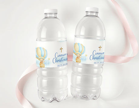 Christening water bottle labels on clear bottles with blue teddy balloon design