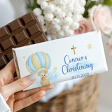 Custom christening chocolate bar with white wrapper, blue hot-air balloon and teddy, Connor's