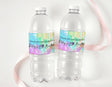 Tie-dye birthday water bottle labels on clear plastic drink bottles, pink purple blue