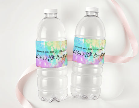 Tie-dye birthday water bottle labels on clear plastic drink bottles, pink purple blue