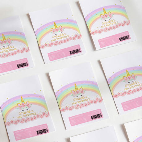 Rainbow unicorn birthday printed chocolate wrappers, gift-ready labels