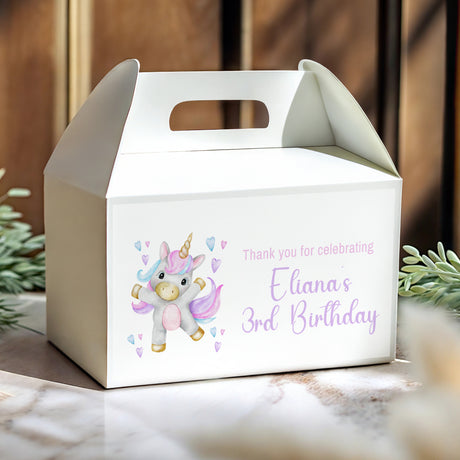 Personalised unicorn birthday gable favour box, white with printed name and 3rd birthday