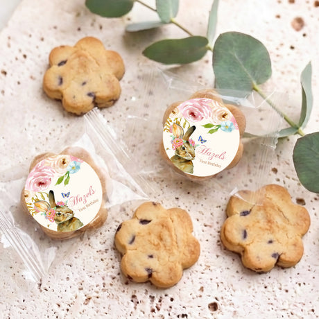 Assorted personalised floral bunny first birthday chocolate chip cookies with round label