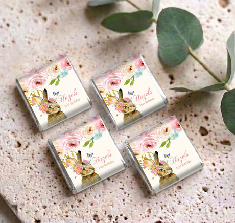 Set of 4 personalised mini chocolate wrappers, floral bunny, Hazel, First Birthday