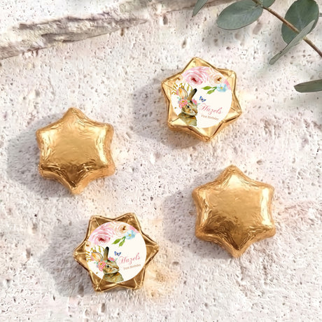 Personalised foil-covered chocolate star with floral bunny label, gold