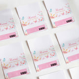 Set of baby shower chocolate wrappers with watercolor butterflies and pink text