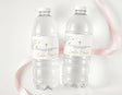 Personalised baptism water bottle labels with gold cross and pale blue watercolor