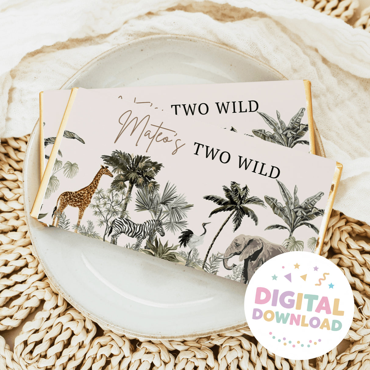 Wrapped chocolate bars with safari animal artwork and 'Two Wild' text
