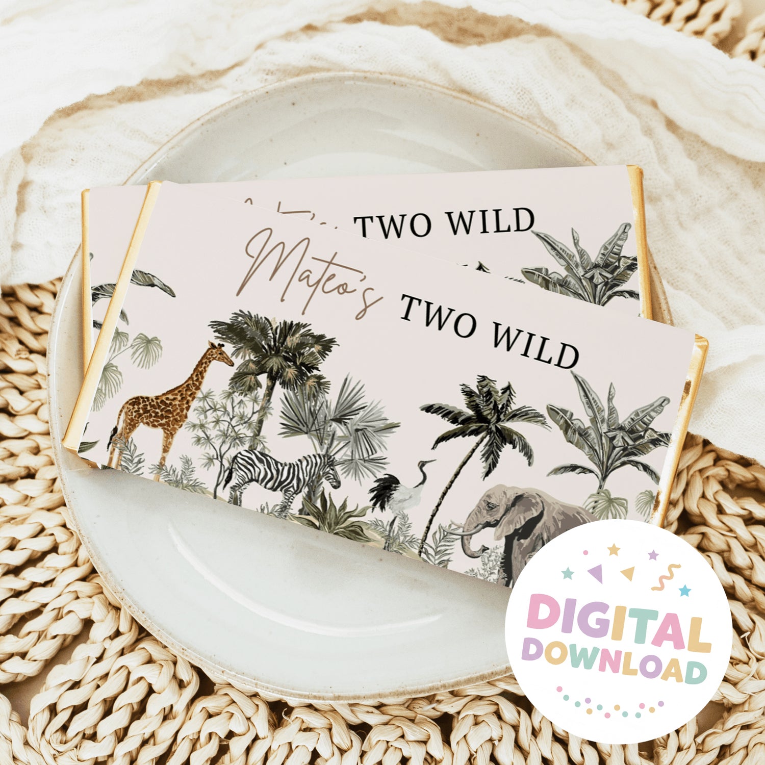 Wrapped chocolate bars with safari animal artwork and 'Two Wild' text