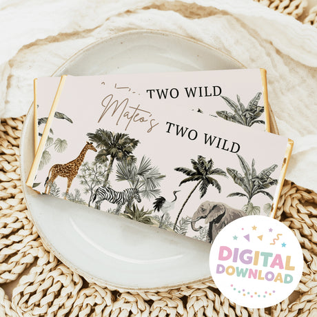 Wrapped chocolate bars with safari animal artwork and 'Two Wild' text