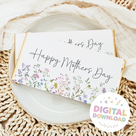Chocolate bar wrapper reading Happy Mother’s Day with floral print, digital download